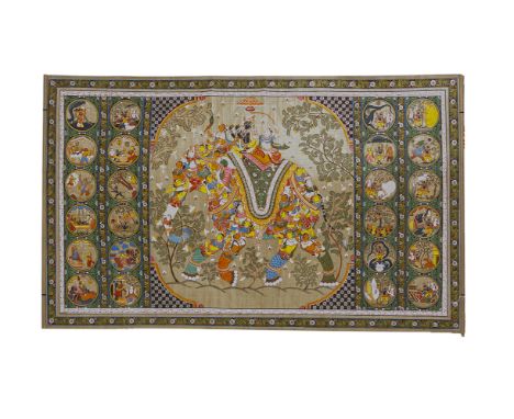 A LARGE INDIAN SCROLL
The central panel with an elephant and figures in a landscape scene, surrounded by circular panels of v