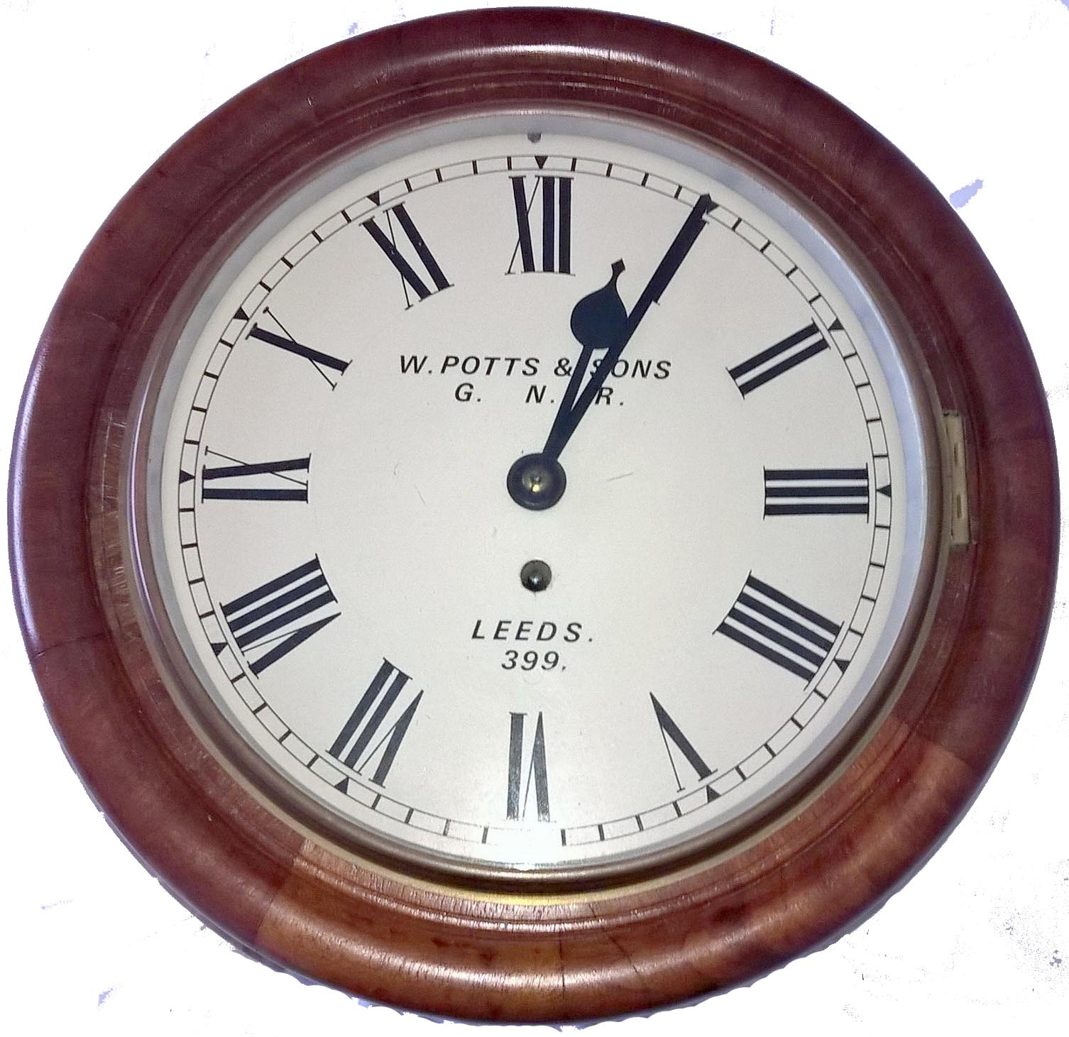 GNR 10" Roundhead Fusee Clock by W. Potts & Son, Leeds. Clock No. 399. This clock is in full work