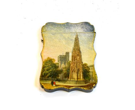 A Victorian Papier Mache Card-Case, shaped oblong, one side painted with a view of the Martyrs Memorial Oxford, the back pain