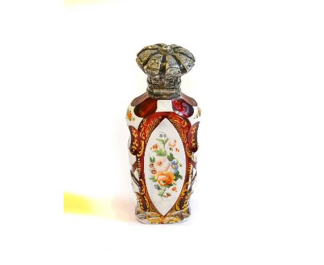 A Silver Plate-Mounted Cased-Glass Scent-Bottle, tapering the ruby glass body cased in white and gilt and painted with flower