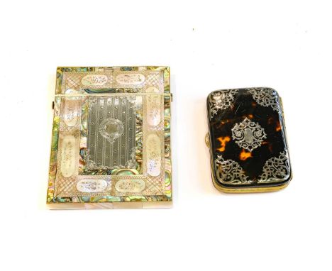 A Victorian Silver-Inlaid Mother-of-Pearl Card-Case, oblong, the front applied with an engine-turned plaque, 10.5cm high; Tog