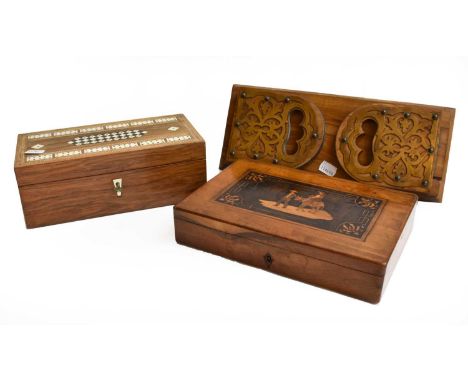 Victorian inlaid rosewood games compendium box with cribbage board top, fitted internal compartments with cards and counters;