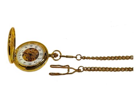 A silver pocket watch with attached silvered curb link watch chain and a silver enamel attached medal, together with a silver