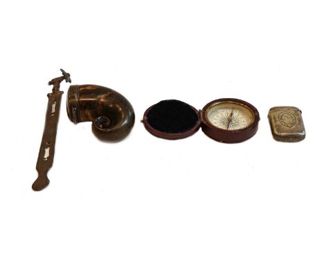 A 19th century horn pocket snuff mull, a pocket compass, a plated vesta case, two silver curb link watch chains, four plated 