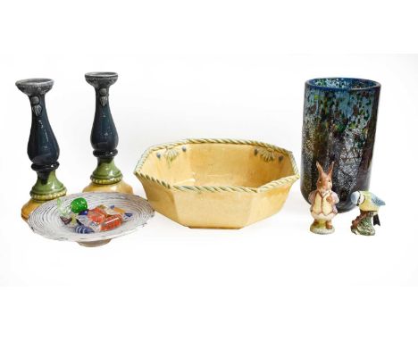 A studio pottery stick stand containing three walking sticks, Halcyon Days enamel box, a silver napkin ring, silver-topped Ad