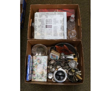 A large quantity of assorted ceramics, glass, prints, and flatware, including a pair of Royal Bierley champagne flutes, Royal