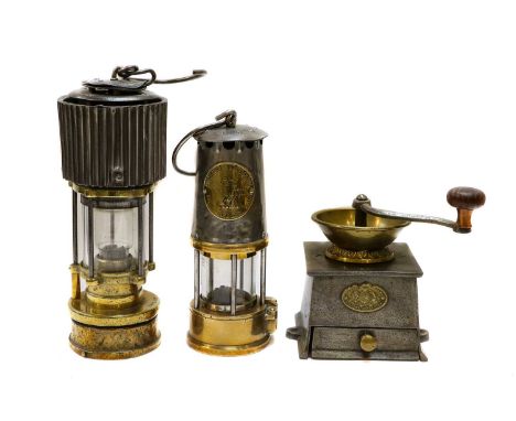 A miners lamp, Patterson Lamps Ltd, type HCP, together with an Eccles type SL lamp, a Kendrick &amp; Sons coffee grinder, two