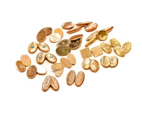 A pair of 15 carat gold cufflinks; six pairs of 9 carat gold cufflinks (one a.f.); two odd 9 carat gold cufflinks; a pair of 