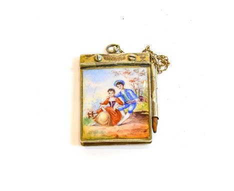 A Silver-Gilt or Gilt-Metal and Enamel Small Notepad, apparently unmarked, probably late 19th century, oblong, the hinged spr