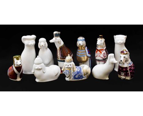 Royal Crown Derby Imari paperweights; Scottish Terrier, Afghan, French Poodle, Borzoi, Pekinese and Corgi, no stoppers, toget