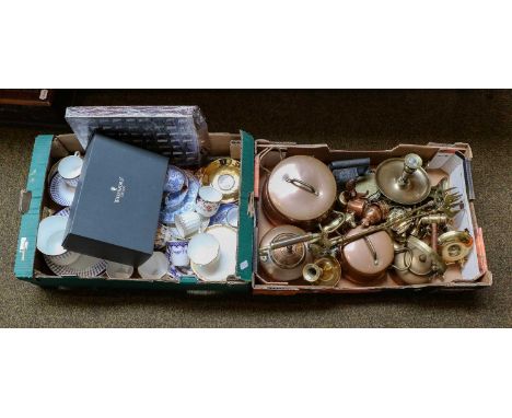 Assorted China teawares including Royal Crown Derby, Davenport, and Spode; a pair of boxed Waterford crystal tumblers; assort