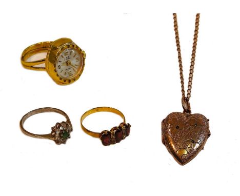 A collection of jewellery including a half sovereign ring, finger size L (a.f.); a 9 carat gold ring, finger size W; a 9 cara