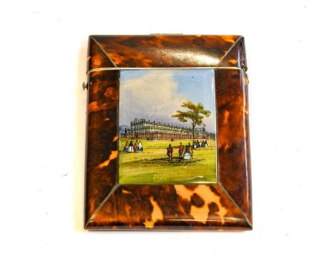 A Victorian Tortoiseshell Card-Case, oblong, the front with a reverse painted glass view of Crystal Palace, the hinged cover 