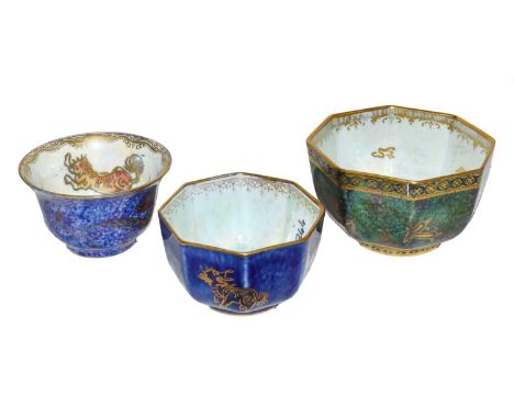 A Wedgwood Fairyland Ordinary Lustre octagonal bowl, pattern Z4831, gilt Portland mark, 9.5cm diameter (hairline crack). A We