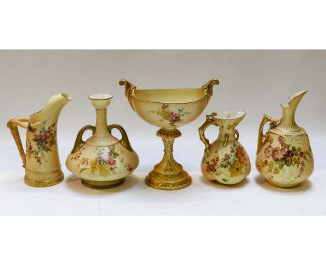 A collection of Royal Worcester blush ware including a tusk shaped ewer, pedestal bowl of ovoid form, tyg, two miniature tank