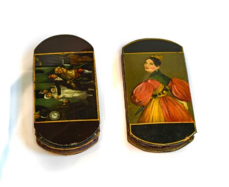 Two Papier Mache Cheroot-Cases, each oblong and with rounded corners, one painted with figures in a rural landscape, the othe