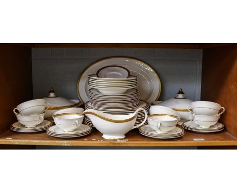 Royal Doulton Royal Gold part dinner service comprising: oval platter, pair of tureens, sauceboat and stand, six soup bowls, 