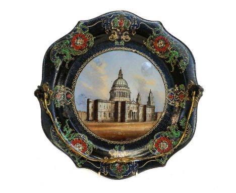 A Victorian Papier Mache Cake-Plate, shaped circular and with overhead swing brass handle, the centre set with a reverse pain