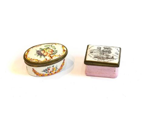 Two Gilt-Metal Mounted Enamel Patch-Boxes, South Staffordshire, Probably Late 18th Century, one oval, painted with flowers an