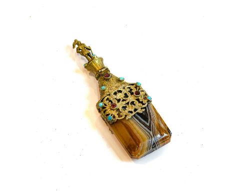 A Gilt-Metal Mounted Banded Agate Scent-Bottle, the bottle with faceted corners and with openwork foliage scroll mounts, appl