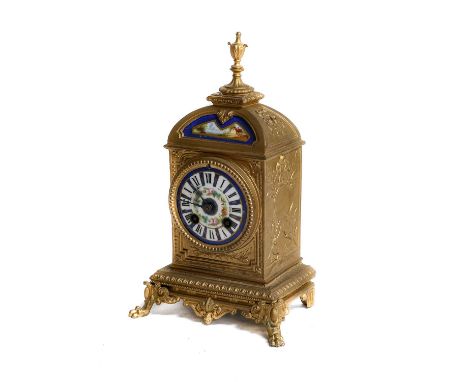 A French gilt metal striking mantle clock with Servres style porcelain dial and pannell, later 19th century chiming on a bell