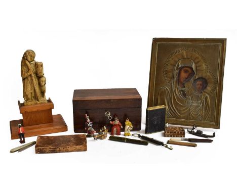 Russian brass mounted icon, a small carved stone religious sculpture, a miniature straw work box, various pocket knives with 