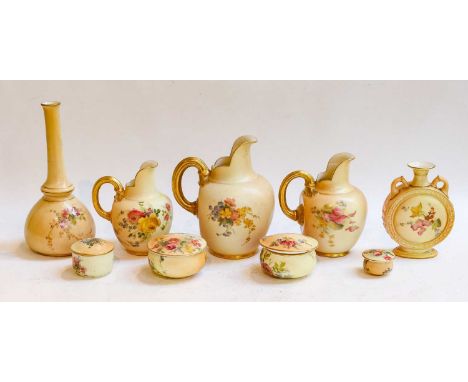 A collection of Royal Worcester blush ware, including three graduated flat back jugs, bottle vase, small moon flask and assor