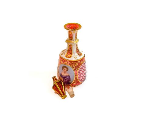 A Ruby Overlay and Milk Glass Scent-Bottle, tapering, one wide with a portrait of a lady, the other with a bird among foliage