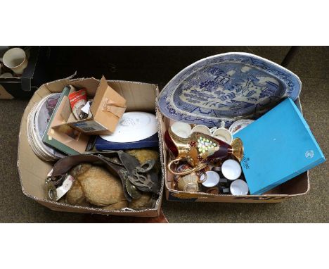 Three boxes of assorted ceramics and glassware, including Royal commemorative china, Wade penguins, ruby glass wine carafe an