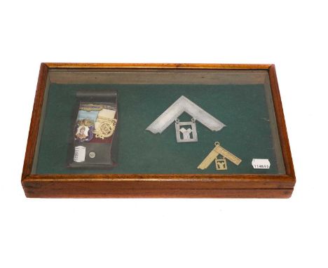 A selection of Masonic items, including a 9-carat gold pendant ''Leigh Lodge No 957'' gilt metal and enamel medal, Justinian 