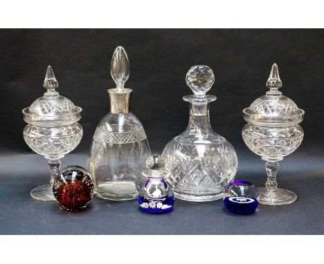 A George V silver collared cut glass decanter, Birmingham, 1922, together with a quantity of Victorian cranberry glass, two e