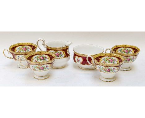 Royal Albert 'Lady Hamilton' part tea service comprising: sandwich plate, 6 teacups and saucers, 6 plates, milk jug, and suga