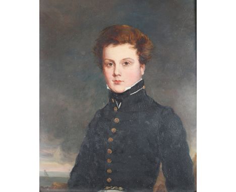 British School - Half Length Portrait of a Royal Navy Midshipman wearing a Snake Clasp Buckle, 19th century oil on board, 29c