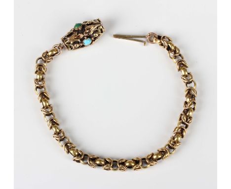 A Victorian gold bracelet in a circular and multiple link design, on a turquoise set snap clasp, unmarked, weight 13.9g, leng
