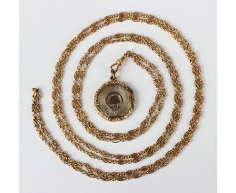 A gold two row multiple link long guard chain, unmarked, fitted with a swivel, detailed '15', weight 28.7g, length 75cm, and 