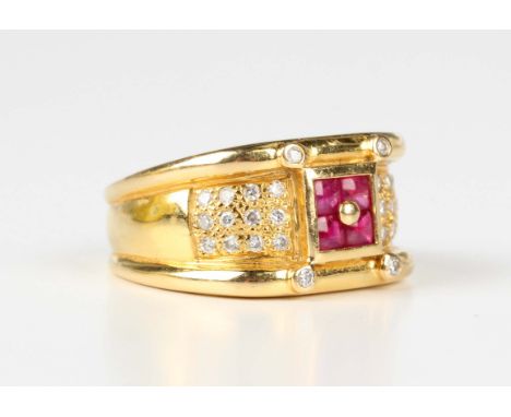 A Portuguese gold, diamond and ruby ring, the centre mounted with four square cut rubies, with circular cut diamond set corne