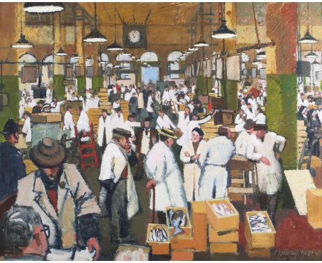 Ann Langford Dent - 'Billingsgate Market', 20th century oil on board, signed and dated '66 recto, titled Federation of Britis