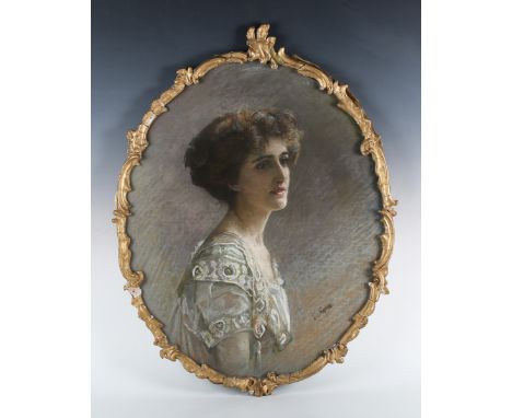 Emily Eyres - Oval Half Length Portrait of a Lady, early 20th century charcoal with coloured chalks, signed, 56cm x 45cm, wit