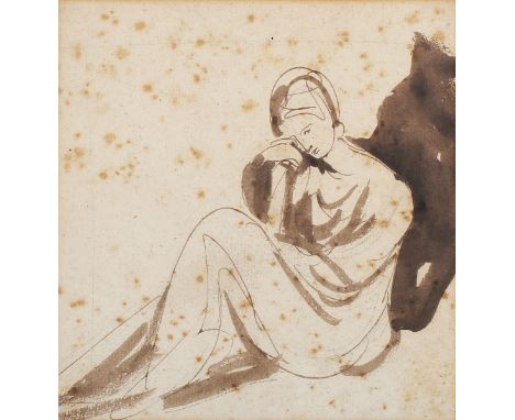 George Romney - Study of a Seated Lady, 18th century pen and brush with ink over pencil on laid paper, 20.5cm x 19cm, within 
