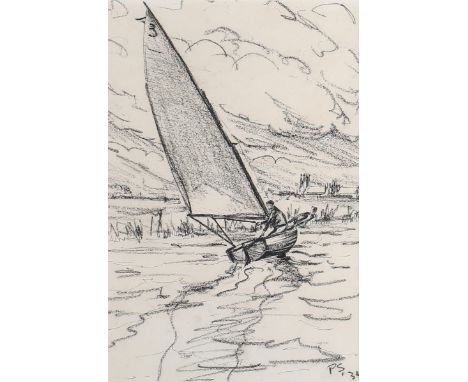 Peter Markham Scott - 'Sailing', 20th century charcoal, signed with initials and dated '32, titled label verso, 24.5cm x 16.5
