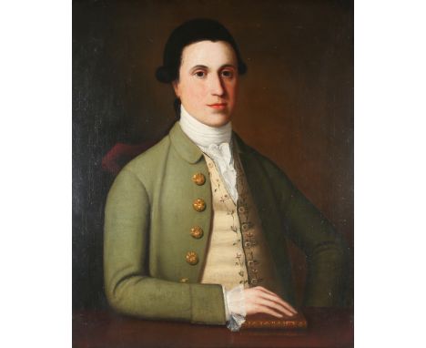 Strickland Lowry - Half Length Portrait of a Gentleman wearing a Green Jacket and White Stock, with his Hand placed on a Book