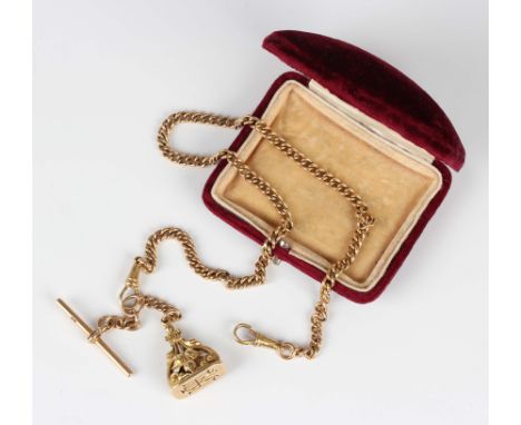 A Victorian 18ct gold uniform curblink Albert watch chain, London 1860, fitted with two 18ct gold swivels, length 44.5cm, an 