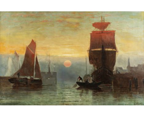 St Clair Augustin Mulholland [Sydney A. Mulholland] - 'Sunset and Moonrise, Cumberland Basin, Bristol', late 19th/early 20th 