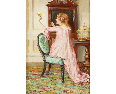 Francis Sydney Muschamp - Young Girl wearing a Pink Dress holding a Pet Canary in an Interior Setting, late 19th/early 20th c