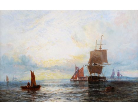 George Stainton - 'Evening on the Thames', oil on canvas, signed and dated 1878 recto, titled verso, 33cm x 48.5cm, within a 