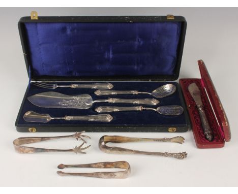 A French silver five-piece hors d'oeuvres set, each handle with anthemion decoration, including fork, sifter spoon and slice,