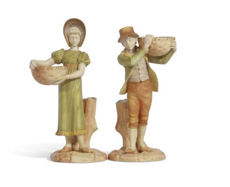 Two Worcester figures of children holding a basket decorated in shot enamels (2) 24cm tall 