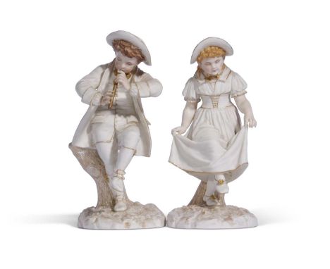 Pair Worcester Hadley figures of a boy piper and a girl dancer, 25cm tall (2) 