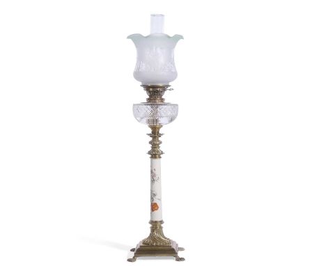 19th century oil lamp with glass shade and reservoir, the central ceramic column, probably Royal Worcester, painted with flow