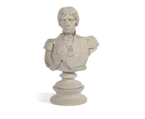 Ceramic bust of head and shoulders of Nelson on a circular foot the rear signed Fredricks, 38cm tall